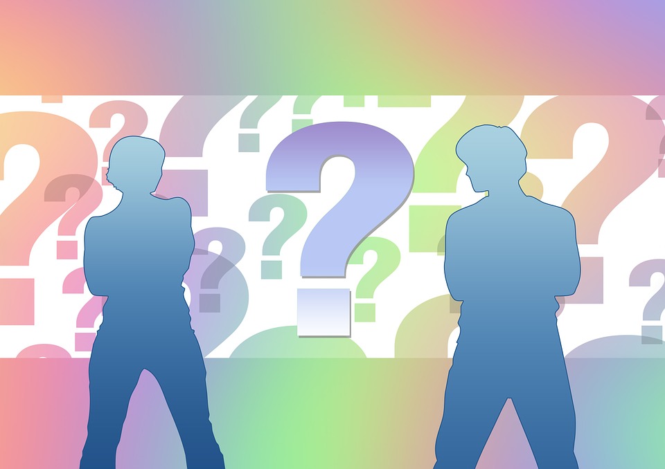 Graphic of man and woman with question marks